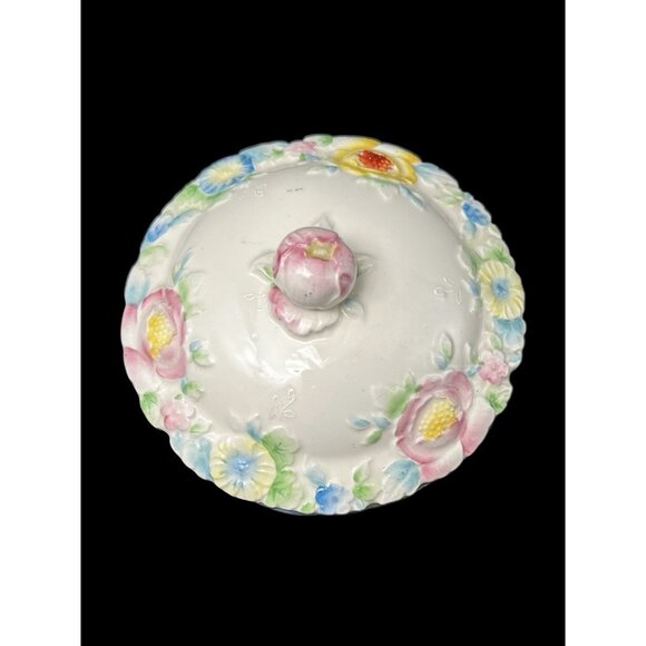 Vintage Japanese Hand Painted Raised Floral Lidded Powder Dresser Jar Ceramic 5" - Picture 2 of 10